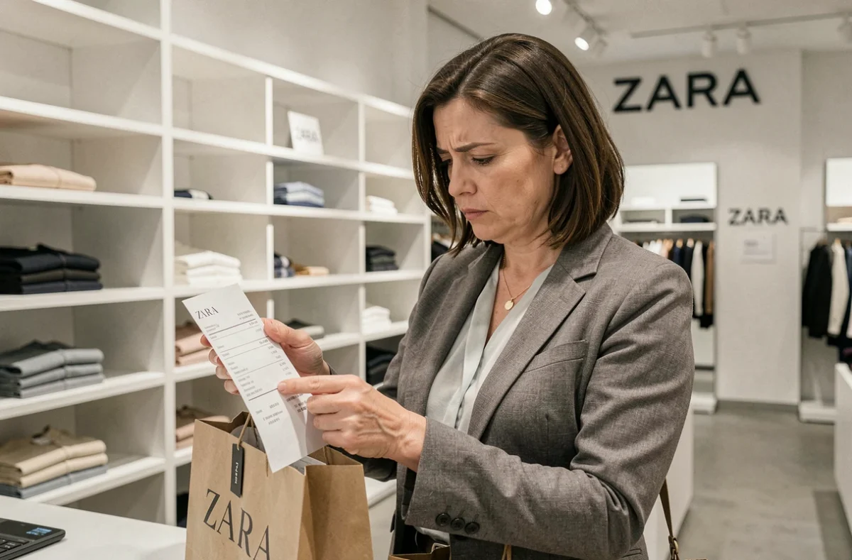 Femme vérifiant son reçu Zara à la caisse avec un air dubitatif, tenant un sac shopping de la marque
