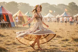 Jeune femme en robe bohème maxi et veste à franges dansant dans un champ de festival hippie en été