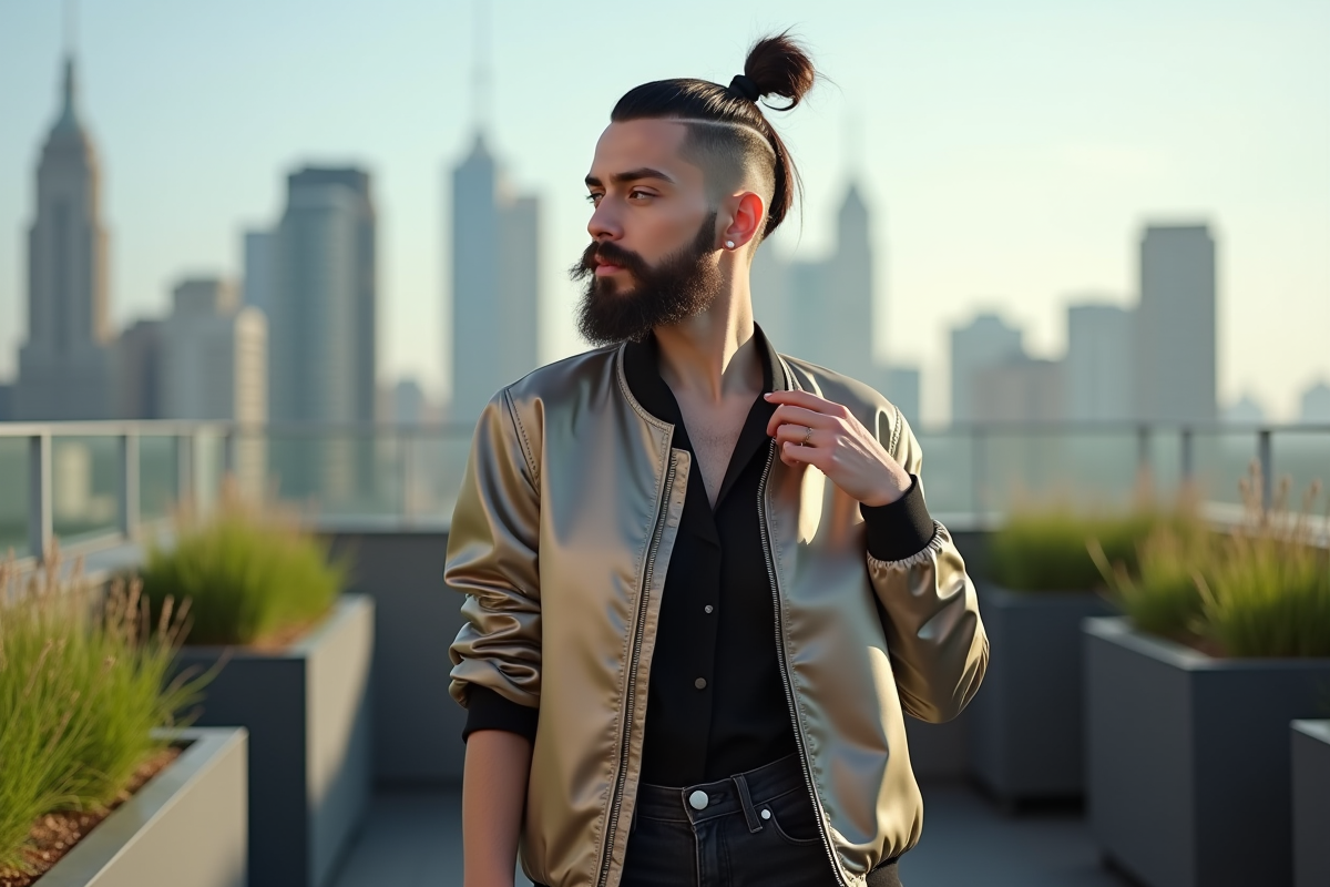 Femme confiante en rooftop avec bomber métallique