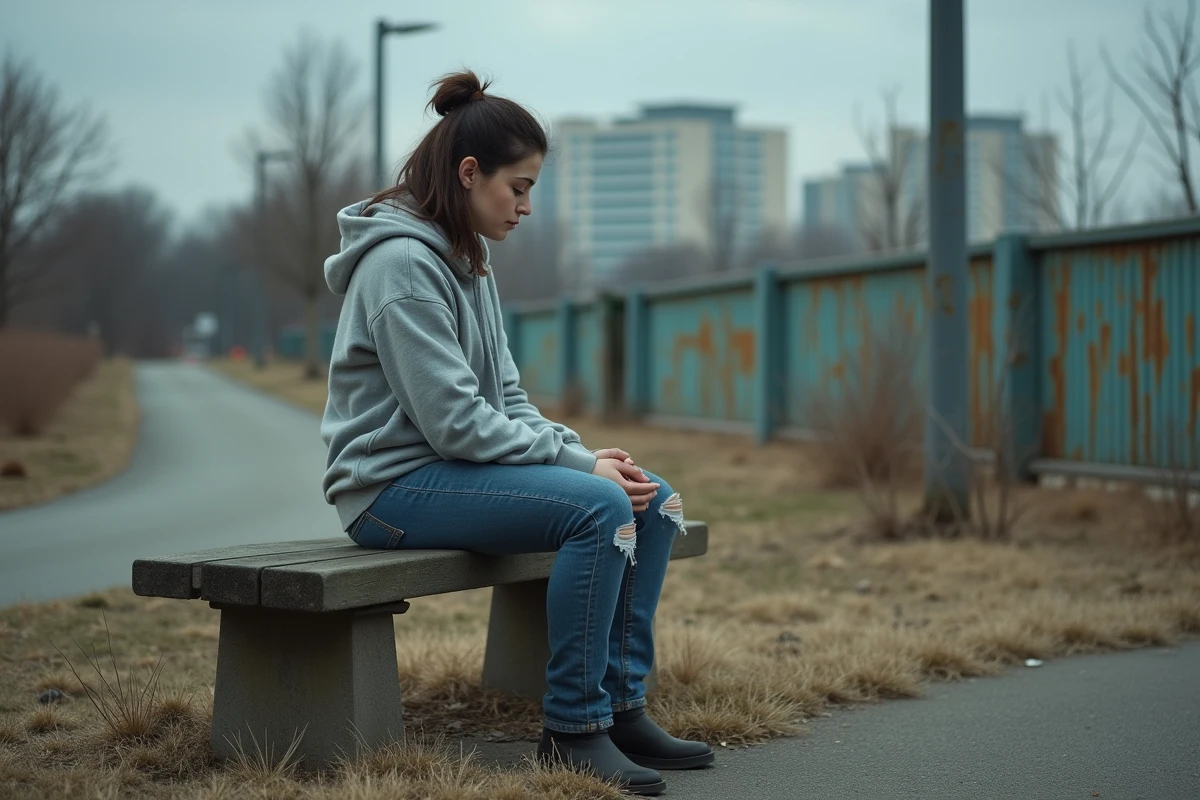 Femme seule et épuisée assise sur un banc de parc délabré, vêtements usés et regard vide, illustrant l'isolement, la vulnérabilité et la chute sociale