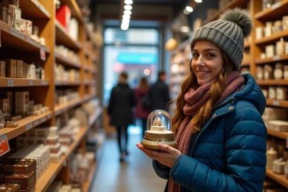 Femme souriante avec globe de neige dans une boutique de souvenirs