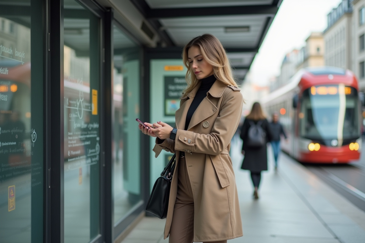 Femme en trench élégante attendant au tramway en ville