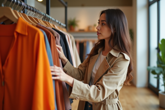 Femme en trench beige examinant un haut orange dans une boutique