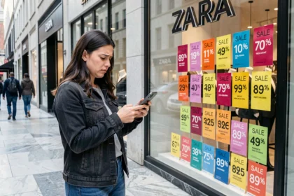Femme devant une vitrine Zara avec des étiquettes de réduction, comparant les prix sur son smartphone
