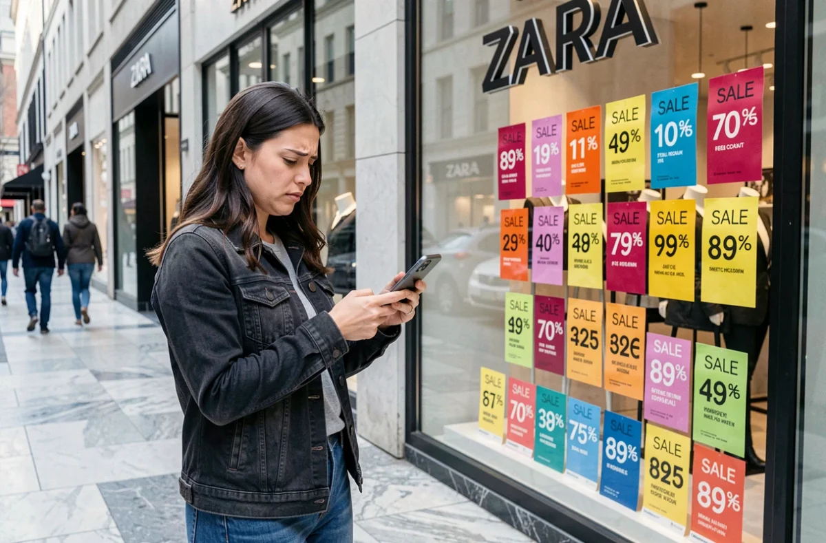 Femme devant une vitrine Zara avec des étiquettes de réduction, comparant les prix sur son smartphone