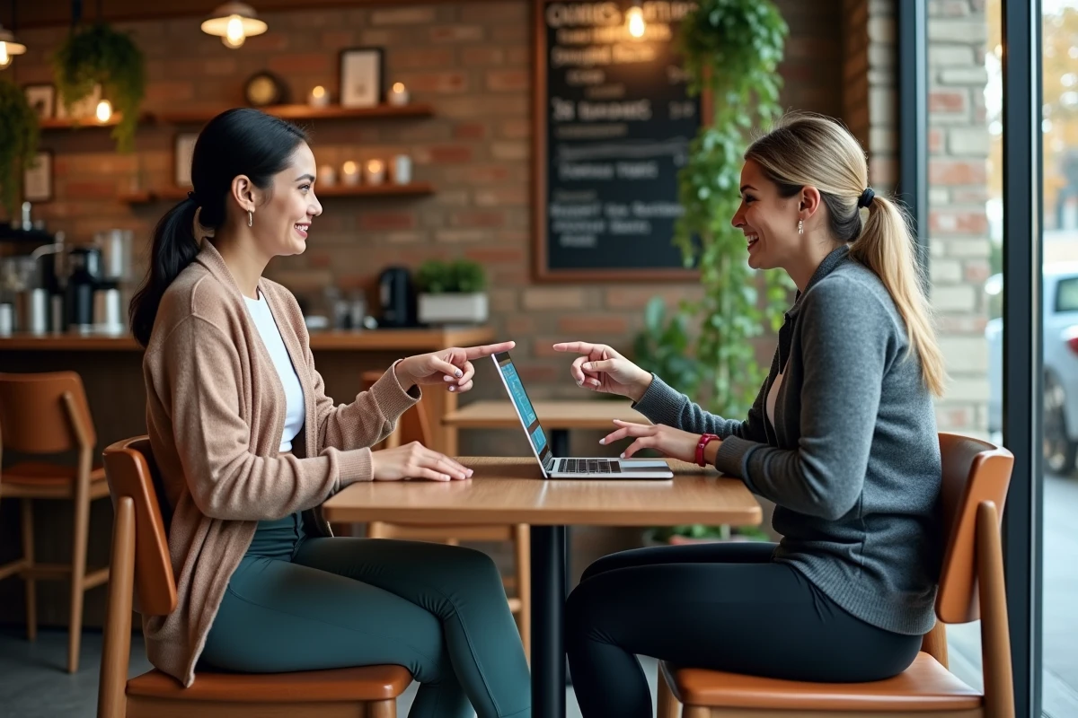Deux femmes discutant d'avis consommateurs sur les leggings minceur autour d'un ordinateur portable dans un café
