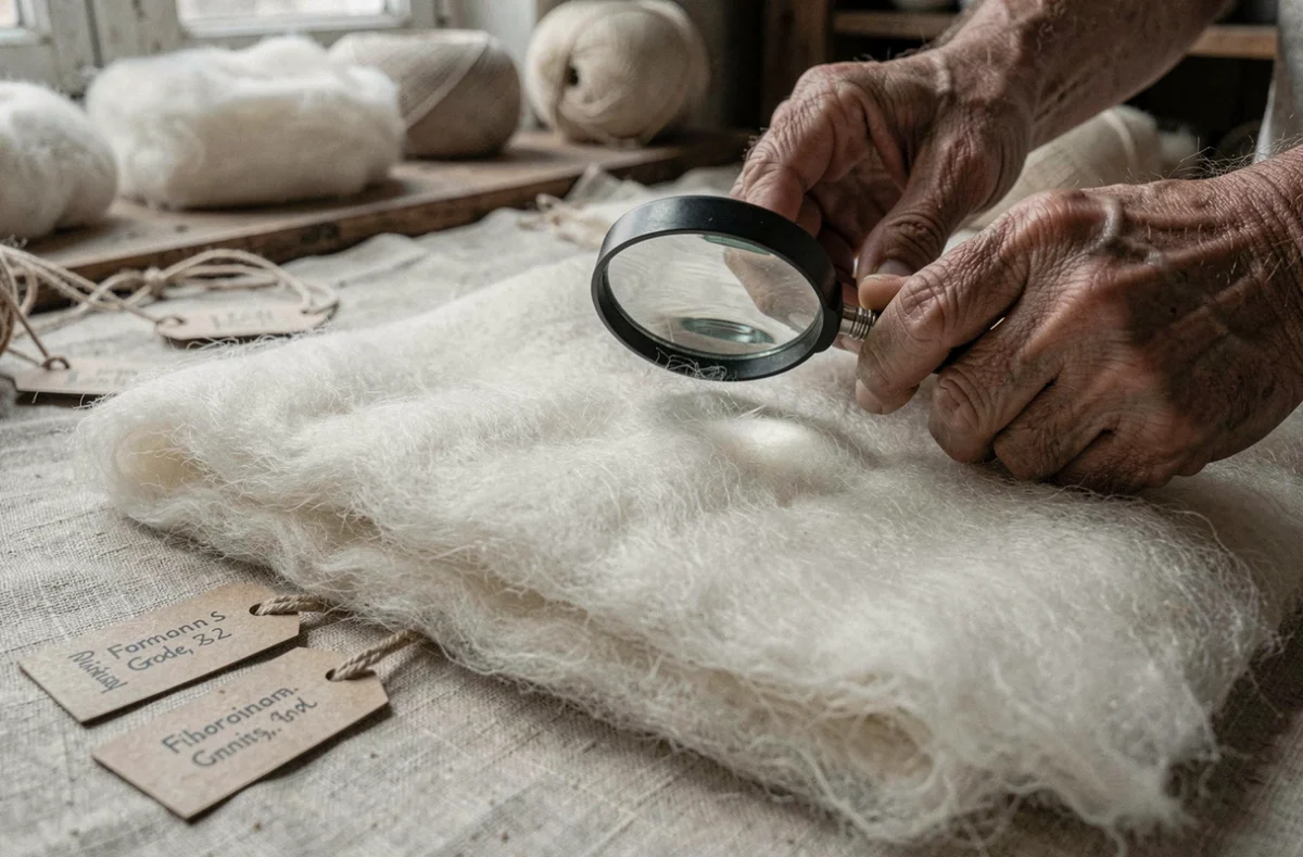 Gros plan de fibres de cachemire brutes et de textile pashmina fini inspectés par des mains d'artisan dans un atelier