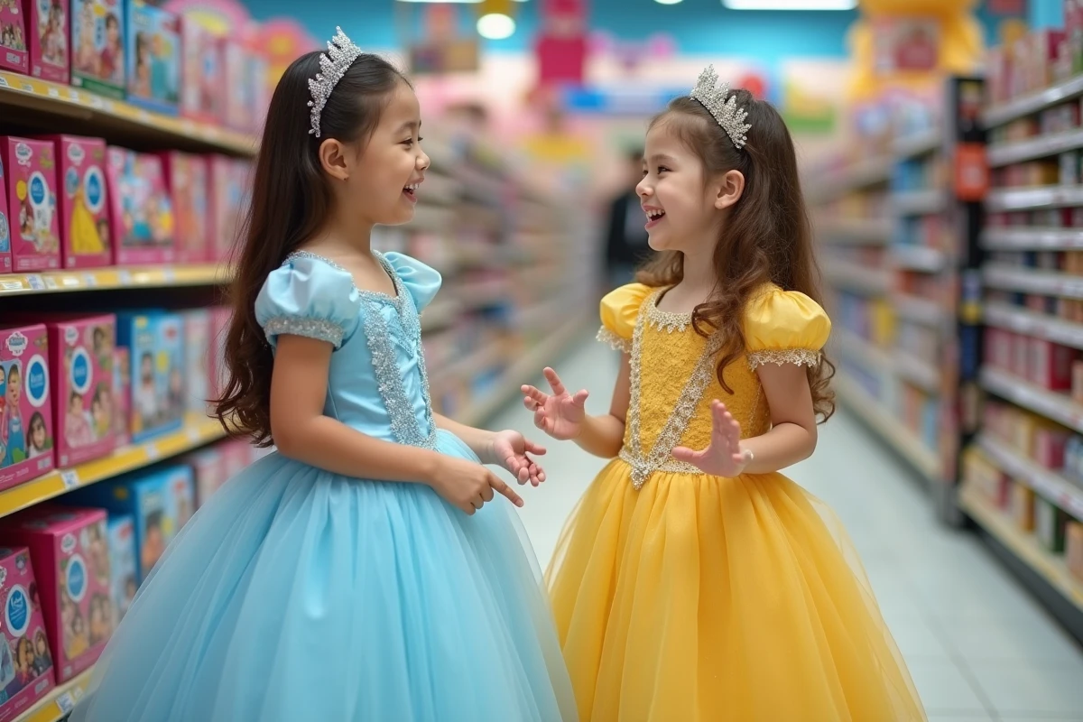 Deux fillettes essayant des robes de princesse bleu ciel et jaune doré dans une boutique de jouets aux rayons colorés