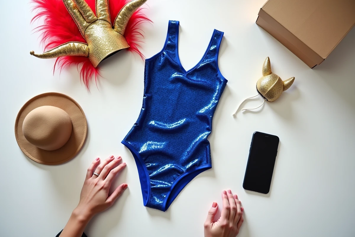 Flat lay de costumes de cirque commandés en ligne avec smartphone affichant un site e-commerce de déguisements