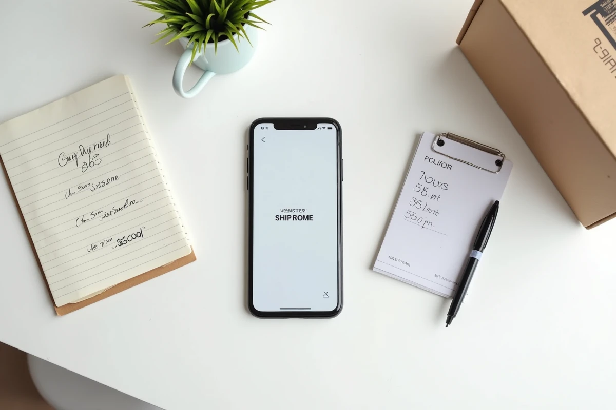 Vue aérienne d'un téléphone affichant le suivi groupé de commandes Shein avec un carnet et des emballages de livraison sur une table