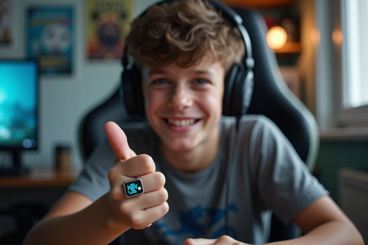 Adolescent gamer montrant une bague futuriste dans sa chambre