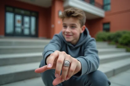 Jeune garçon sportif regardant une bague sportive