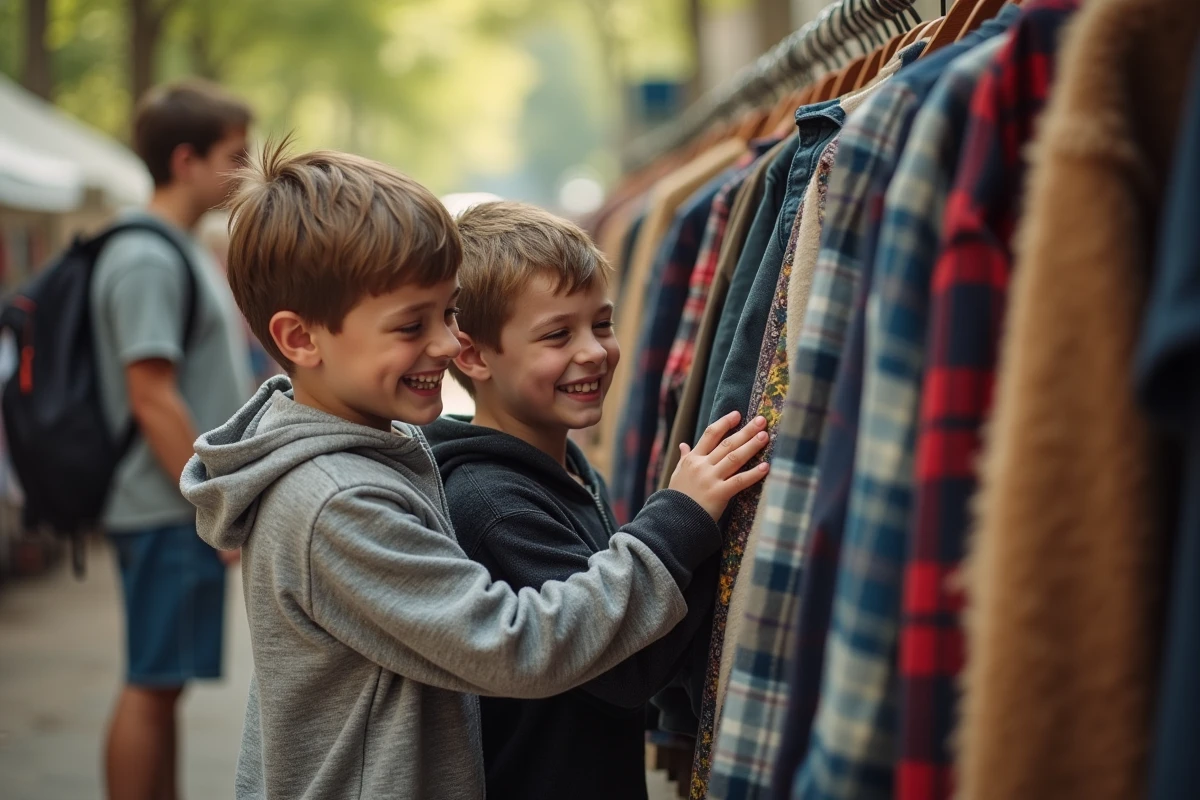 Deux garçons rieurs inspectant des vêtements vintage en plein air