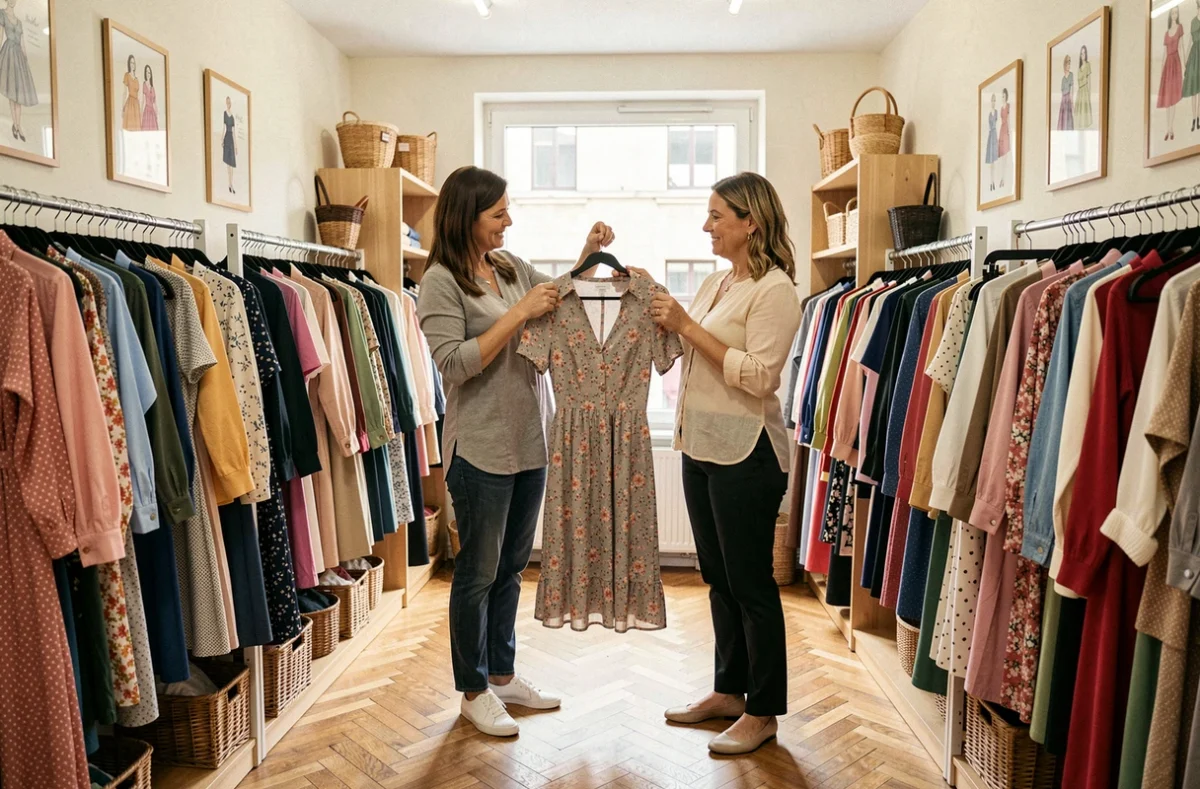 Boutique Gest'Dress à Bourg-lès-Valence dans la Drôme avec des robes et vêtements de dépôt-vente sur des portants colorés