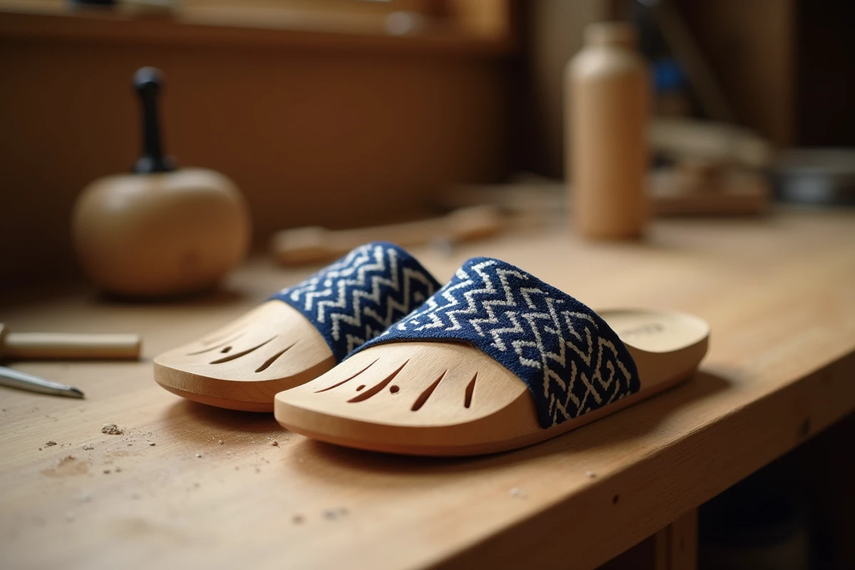 Paire de geta artisanales japonaises en bois de hinoki avec lanières en tissu indigo sur un établi d'artisan à Kyoto