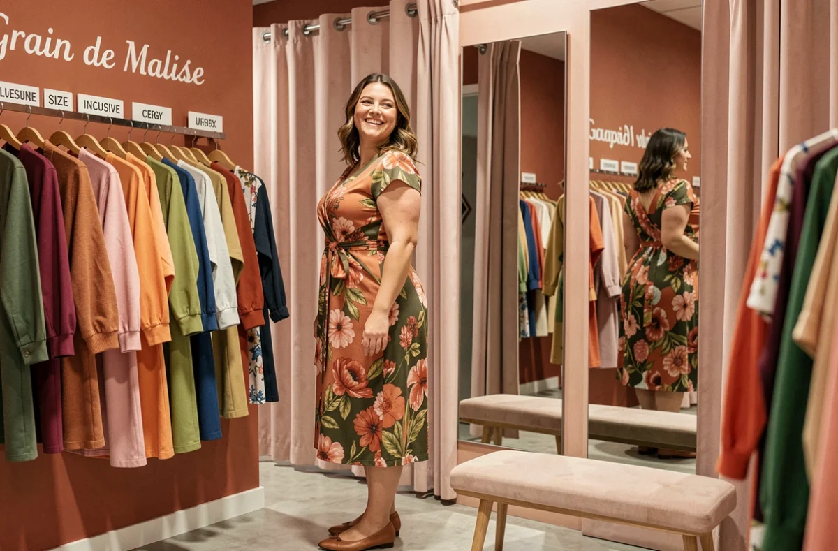 Femme essayant une robe portefeuille colorée dans la boutique Grain de Malice de Cergy, mode inclusive et joyeuse