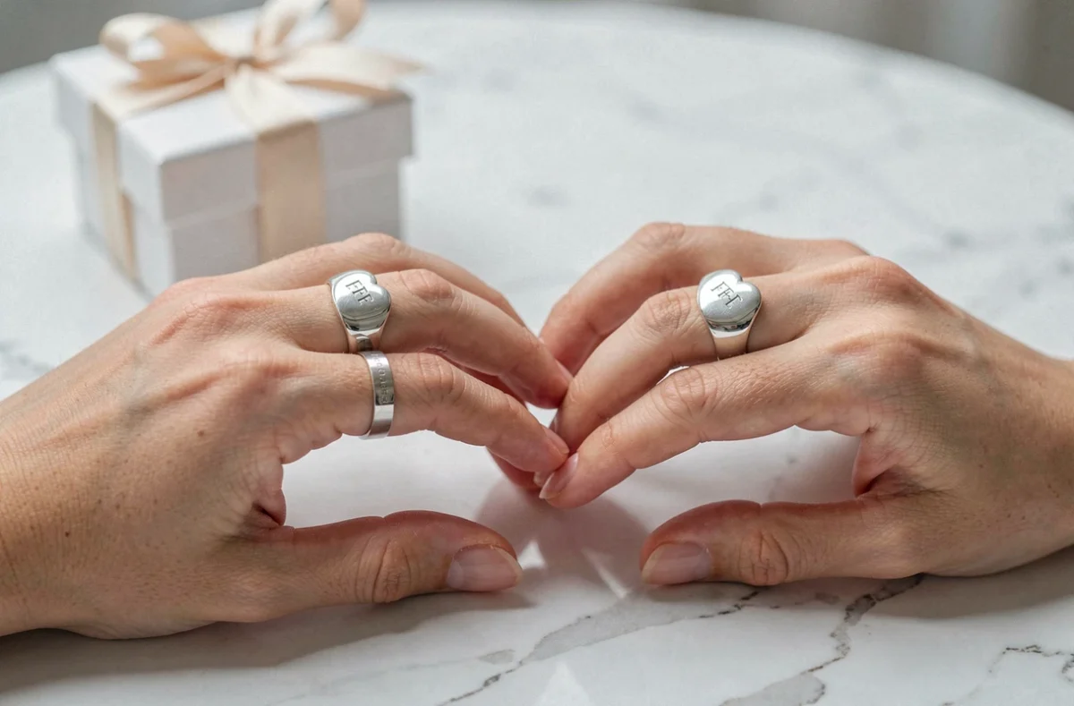 Gros plan de deux bagues cœur magnétique BFF en argent portées par deux amies dont les mains se rejoignent sur une surface en marbre blanc, formant un cœur complet
