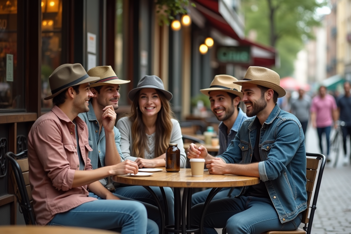 Groupe de jeunes avec chapeaux discutant en terrasse
