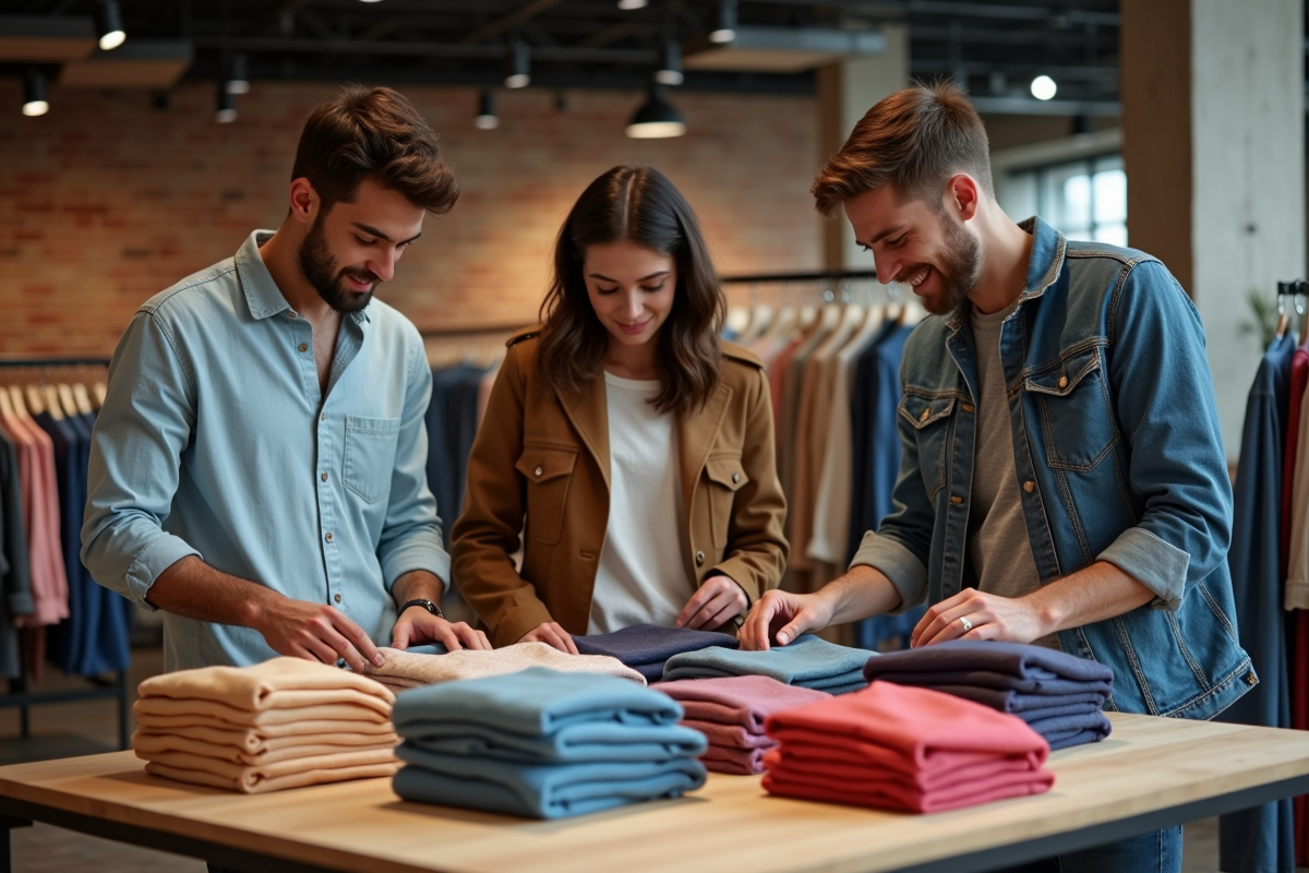 Groupe de jeunes triant des vêtements dans un magasin