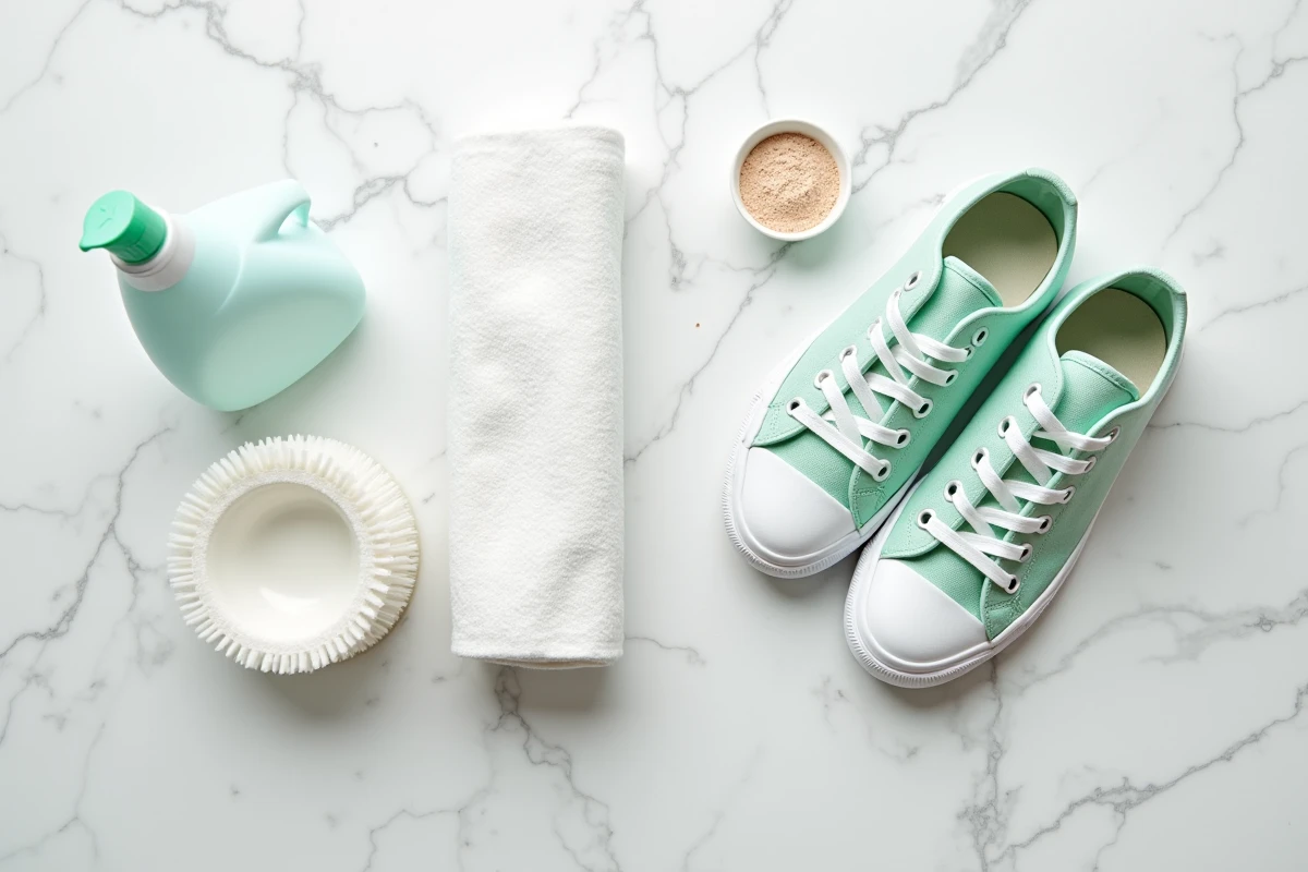Vue du dessus de baskets propres et produits de lavage sur un comptoir en marbre blanc, guide entretien chaussures