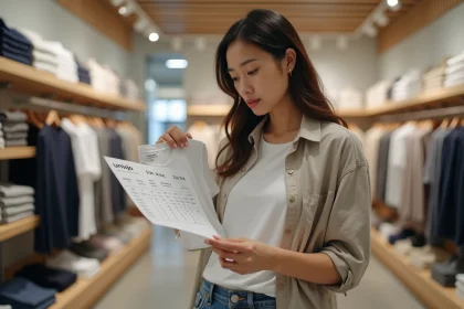 Femme consultant un guide des tailles Uniqlo en magasin, tenant un t-shirt contre elle pour vérifier la coupe