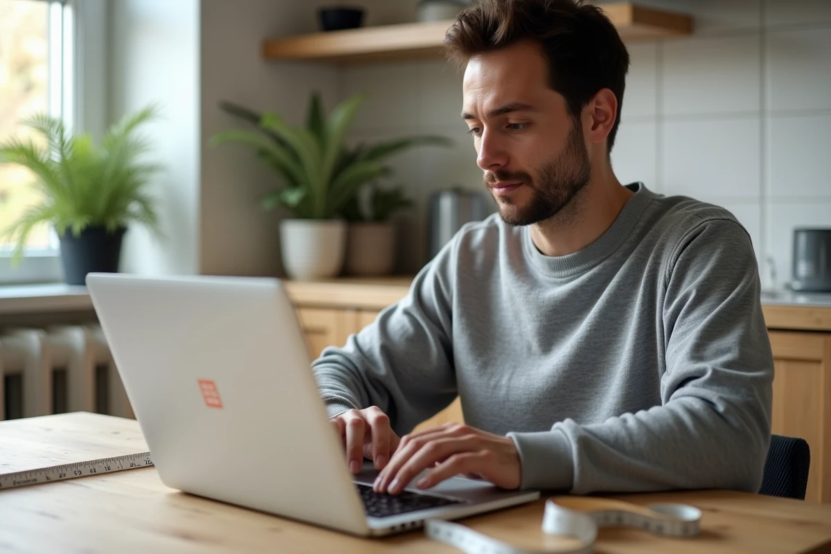 Homme consultant le guide des tailles Uniqlo en ligne sur un ordinateur portable avec un mètre ruban posé sur la table
