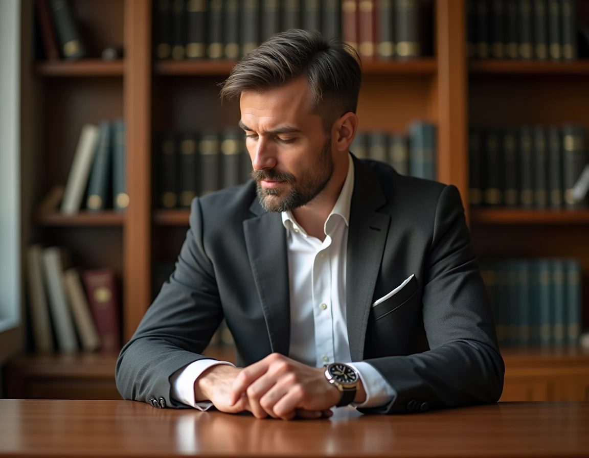Homme d'affaires consultant sa Rolex Daytona au bureau, symbolisant la valeur et le prestige de la montre comme investissement