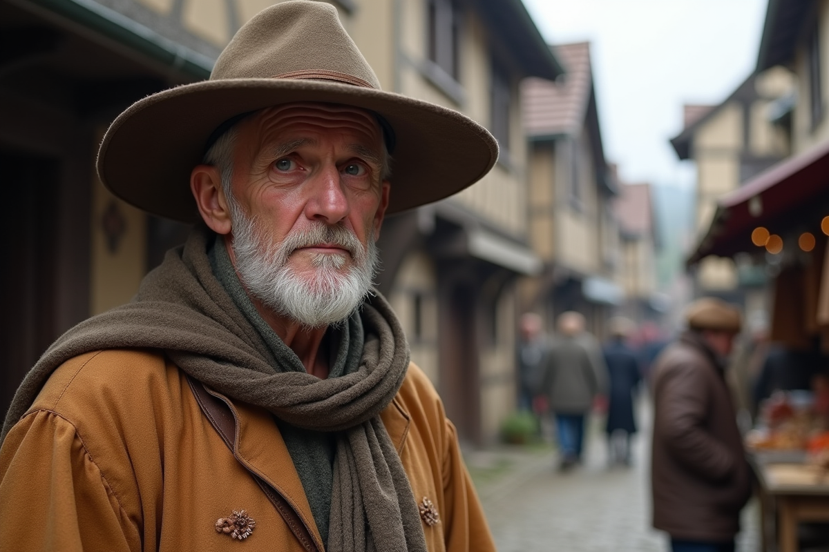 Homme age medieval avec chapeau dans un marché