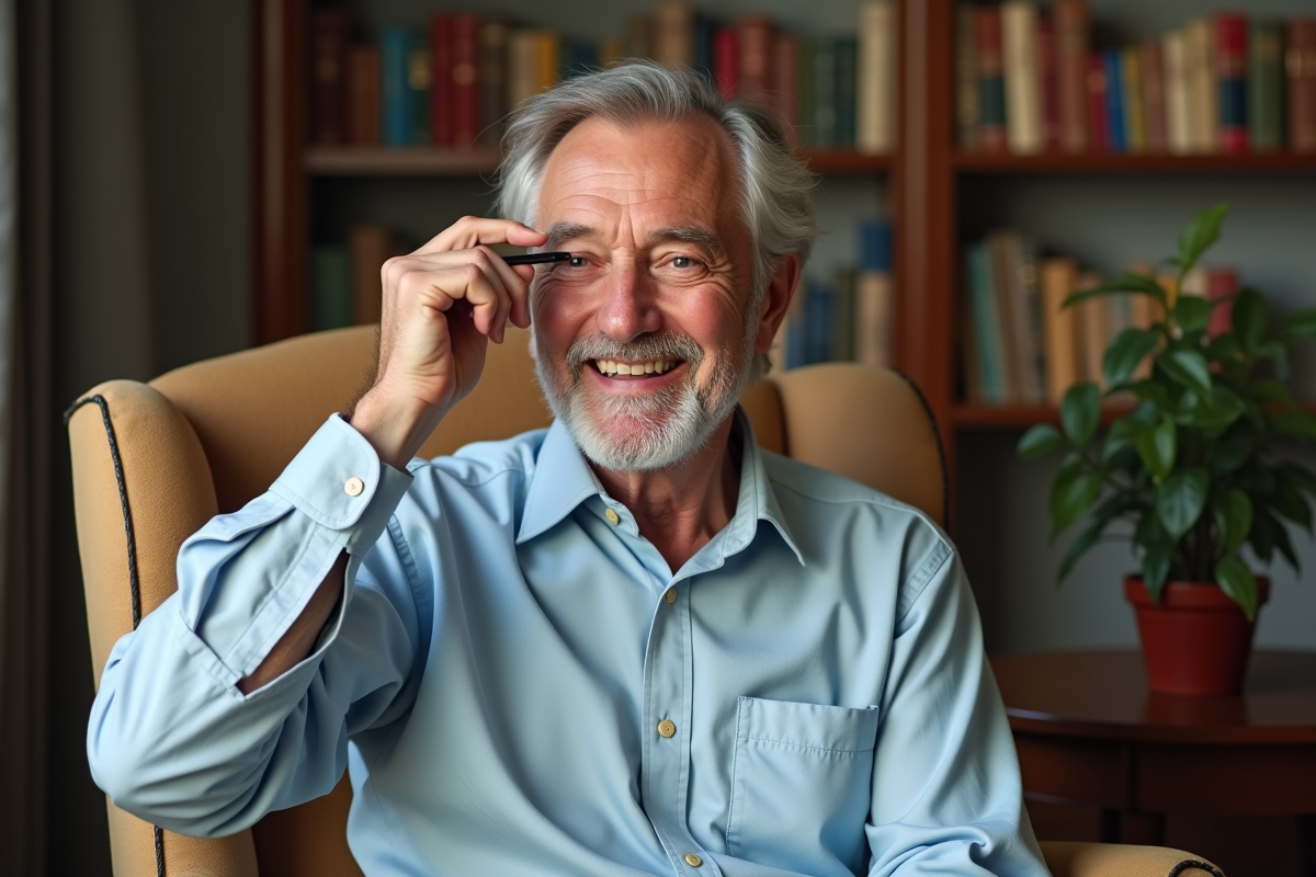 Homme d age appliquant un crayon pour les yeux