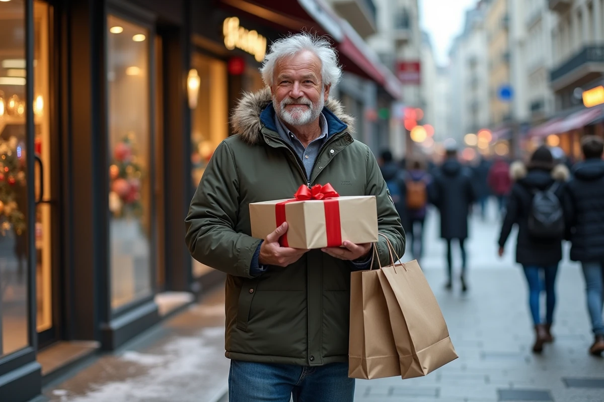Homme avec sacs cadeaux devant une vitrine de Noël en ville