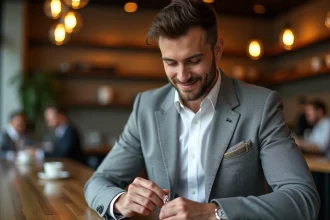 Homme élégant avec pendentif croix dans un café chaleureux