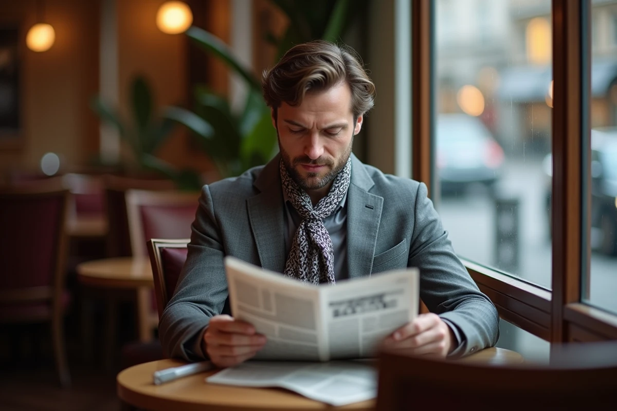 Homme en costume lisant au café avec ambiance raffinée
