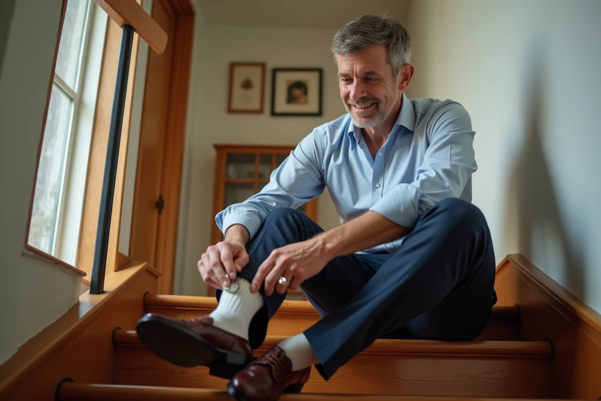 Homme en costume ajuste une chaussure avec une cuillère