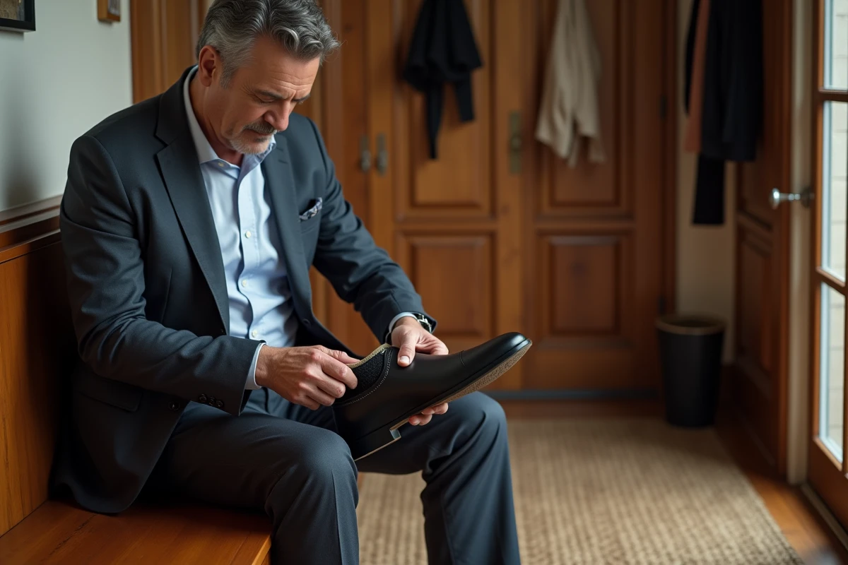 Homme insérant une semelle dans une chaussure en cuir noire