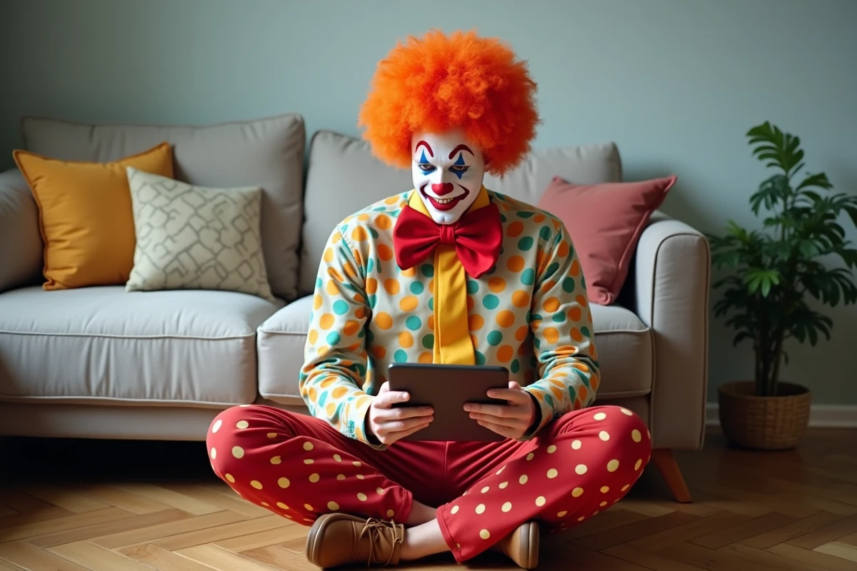 Homme déguisé en clown de cirque assis sur le sol et commandant un costume sur une tablette