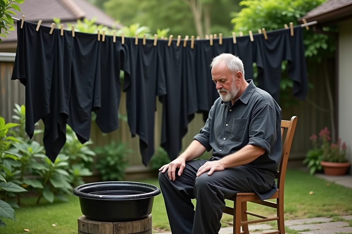 Homme vérifie un linge noir dans un jardin verdoyant