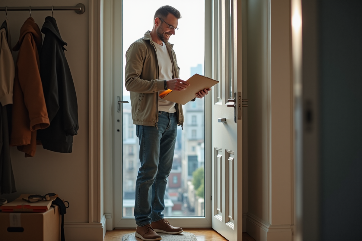 Homme emballant un colis dans un appartement en ville