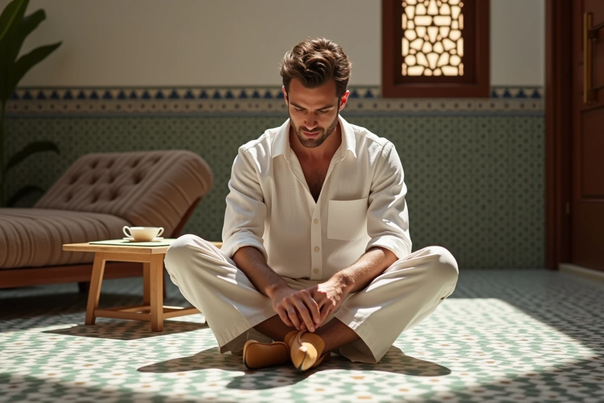 Jeune homme en lin enfilant des babouches en cuir tan sur un sol en zellige marocain dans un intérieur traditionnel