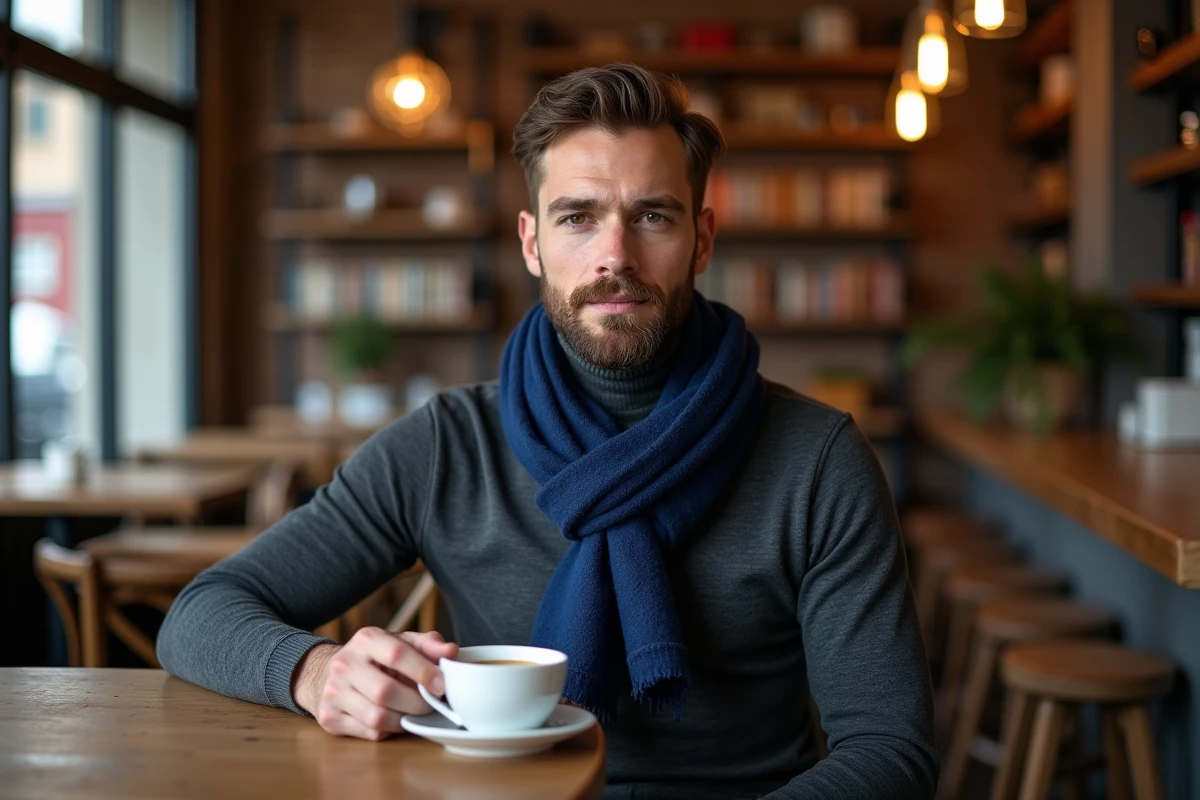 Homme portant un foulard cheche indigo dans un café urbain, style masculin tendance accessoires mode 2026