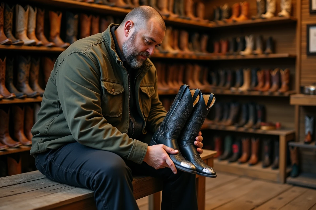 Homme grande taille examinant des santiags noires dans une boutique western au décor en bois rustique