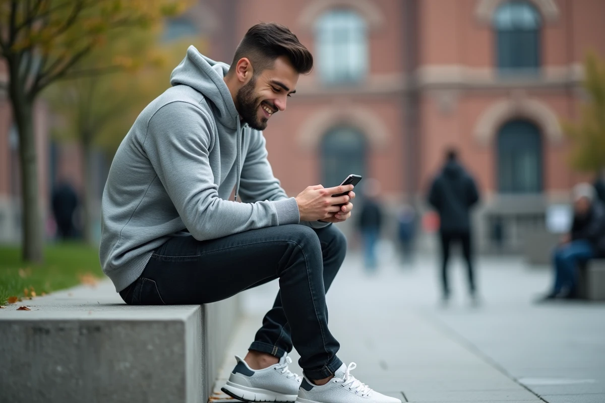 Jeune homme en hoodie gris et jean slim assis en ville consultant son téléphone, tenue décontractée et abordable style Kiabi