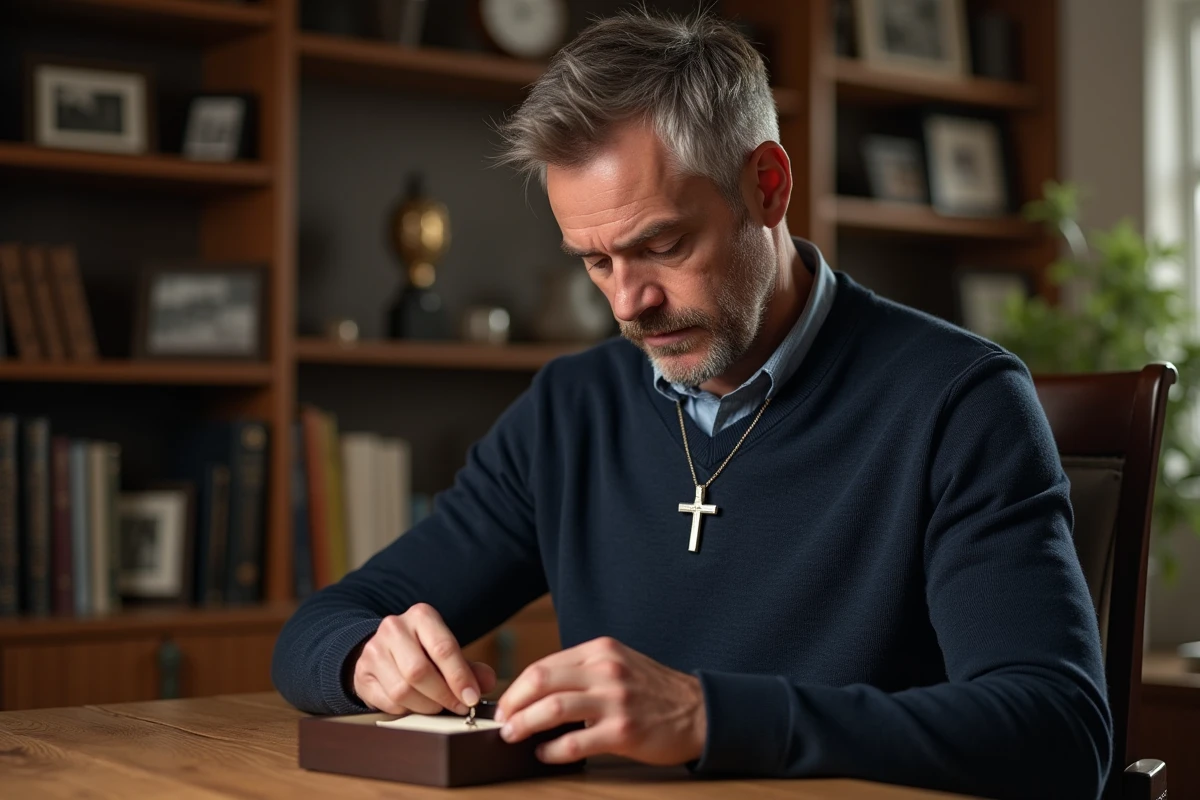 Homme assis à la maison portant une croix personnalisée