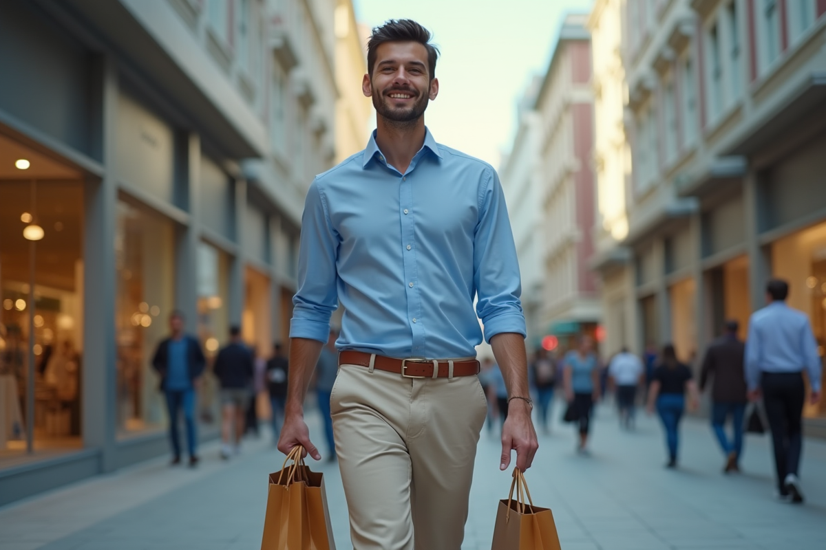 Jeune homme marchant dans la rue urbaine avec sacs de shopping