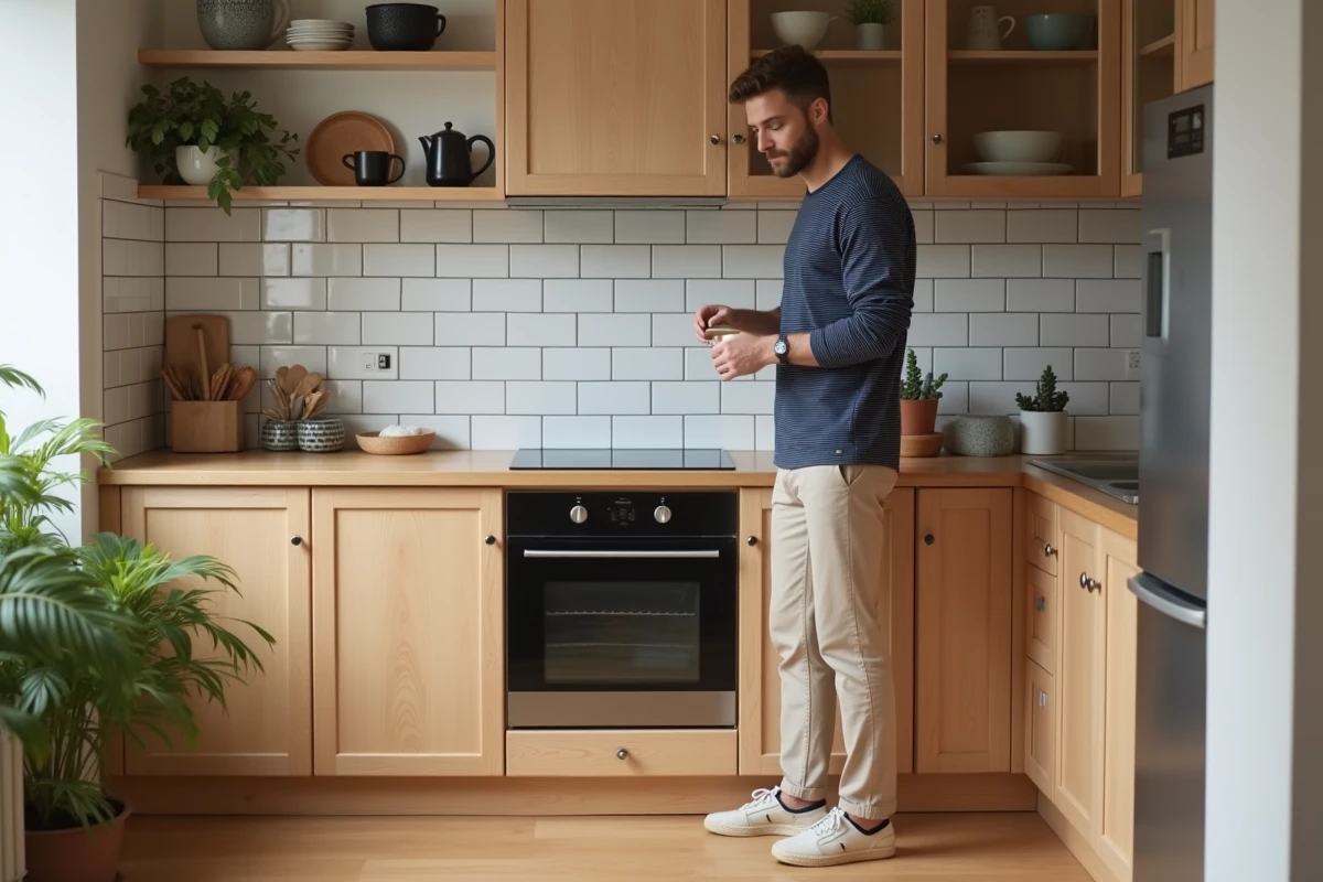 Homme en marinière rayée et chino beige dans une cuisine moderne au style scandinave, look casual chic abordable pour homme
