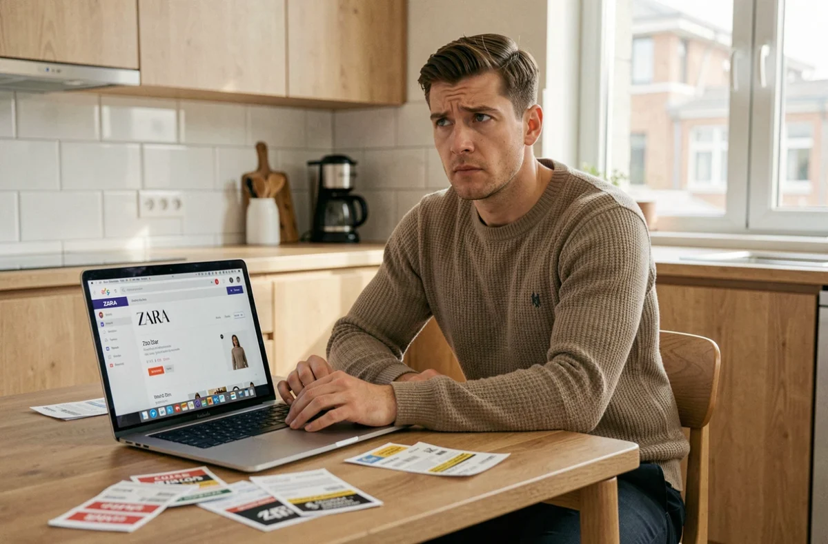 Homme confus devant son ordinateur avec des reçus Zara éparpillés, calculant ses dépenses de shopping en ligne