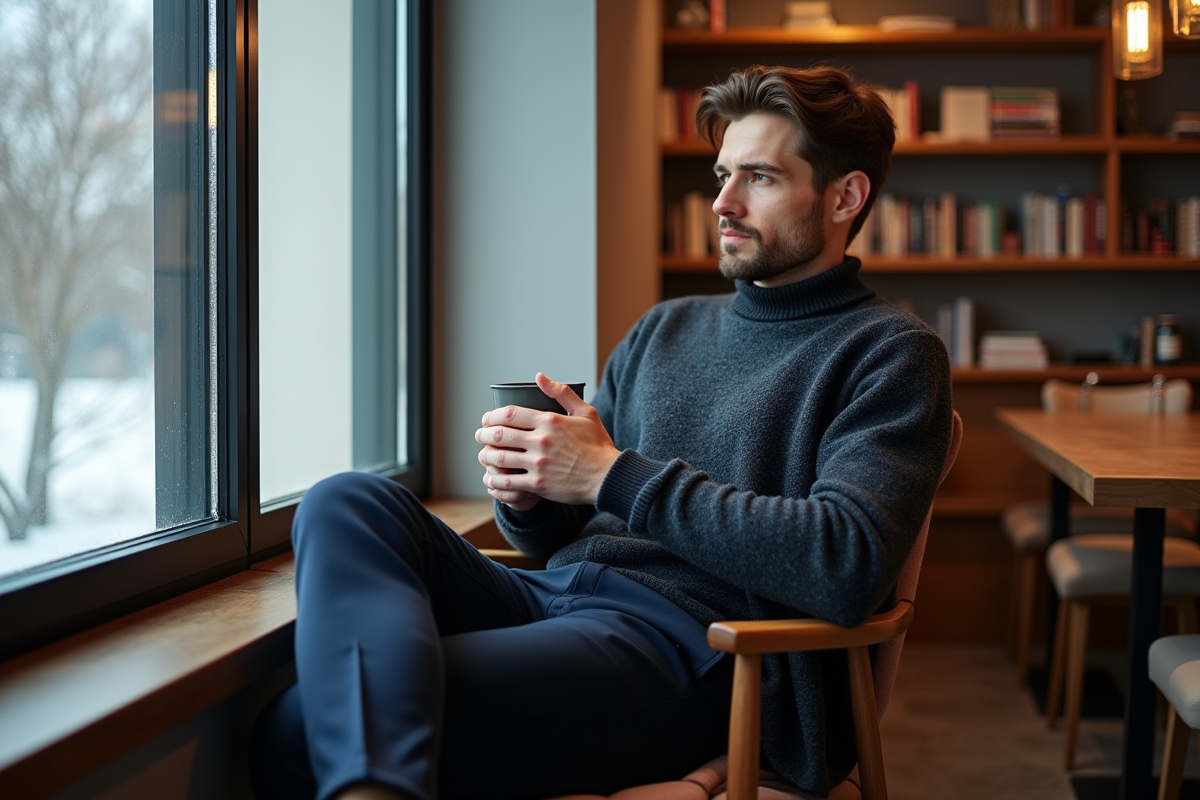 Homme en pantalon en laine bleue assis dans un café cosy en hiver