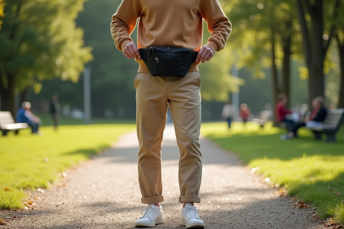 Homme dans le parc ajustant sac banane noir