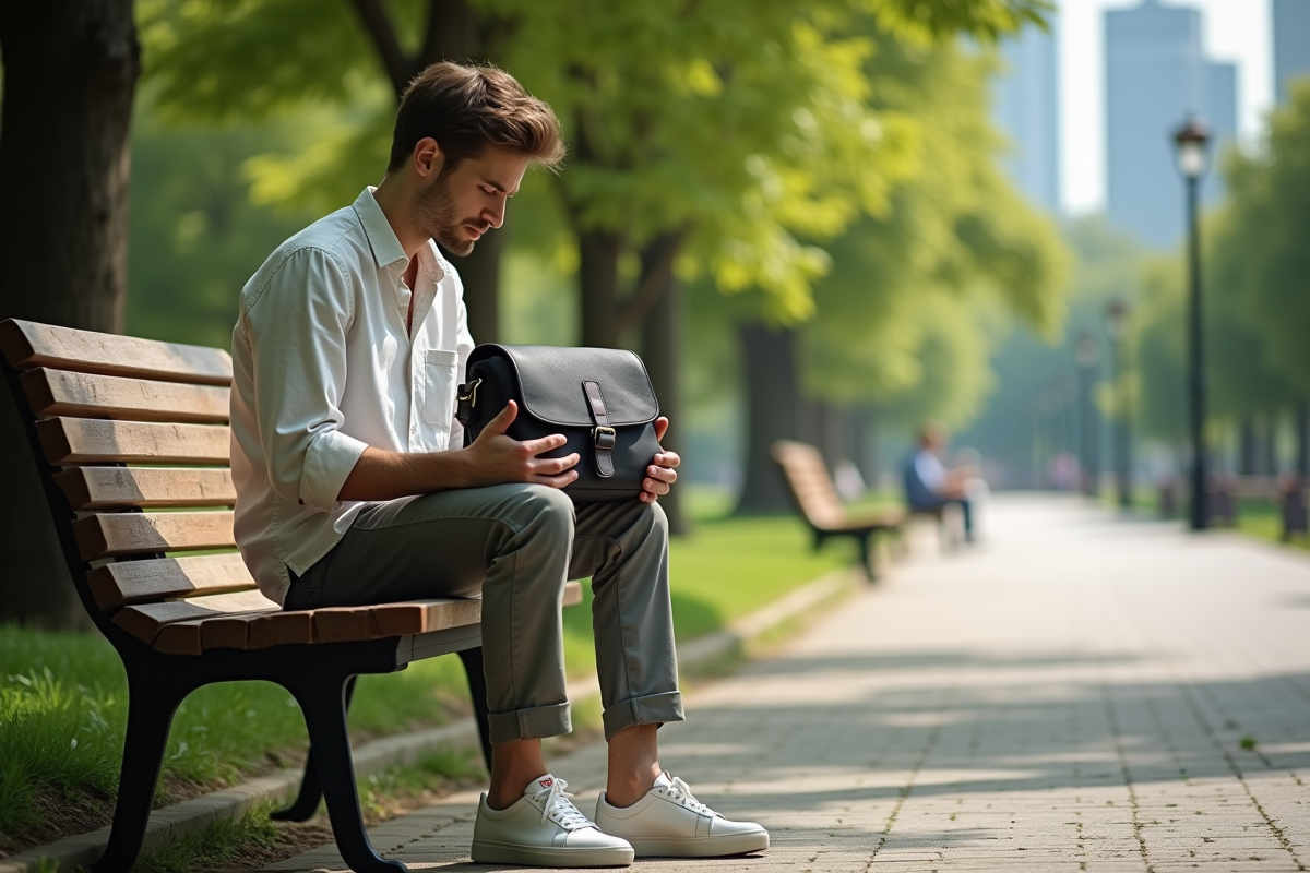 Homme assis dans un parc avec sac à bandoulière en tissu
