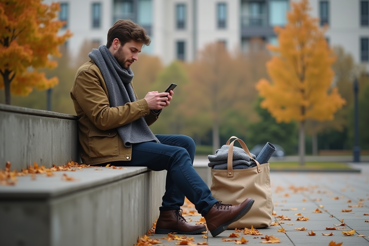 Homme dans un parc urbain utilisant son smartphone