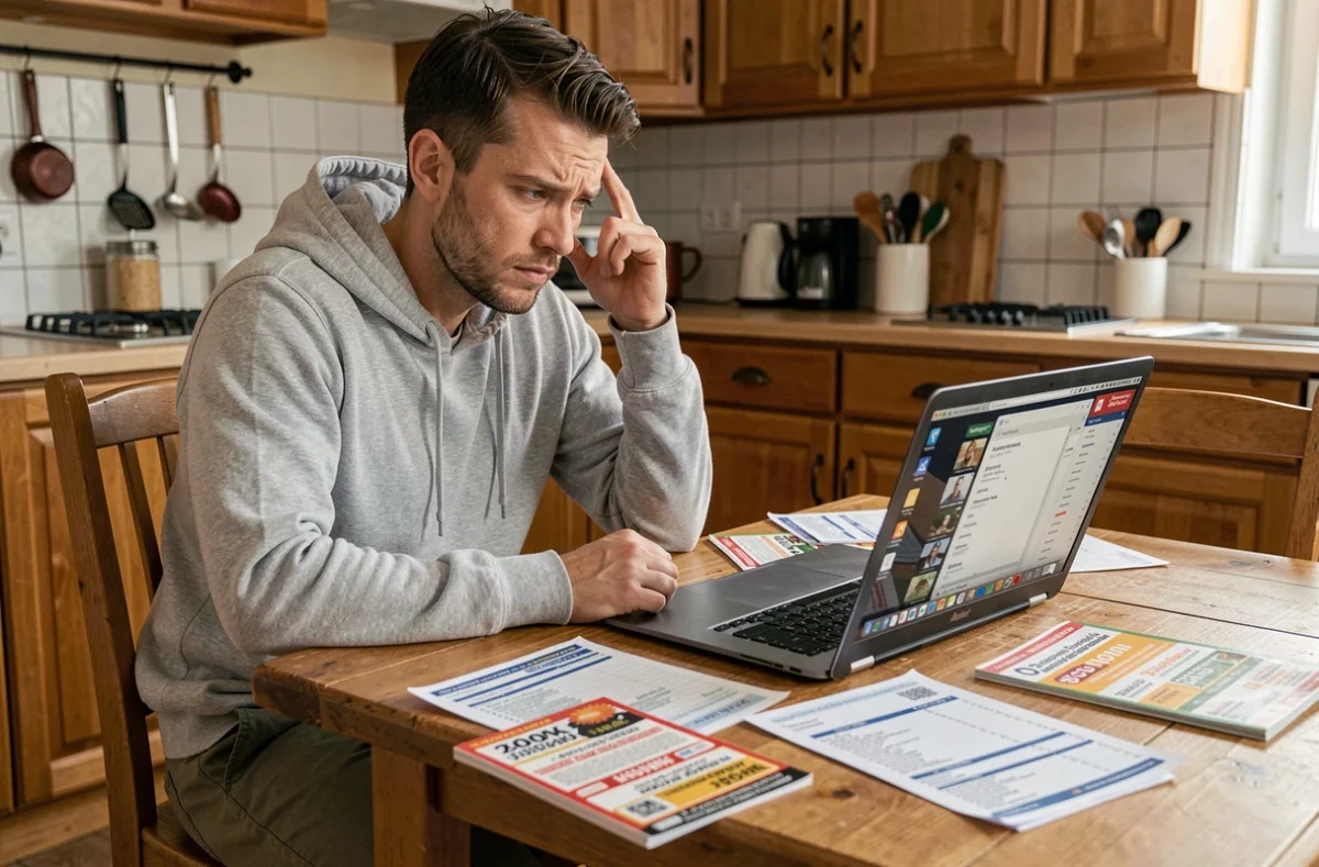 Homme dépassé planifiant ses achats de soldes sur ordinateur portable à domicile avec bons de réduction